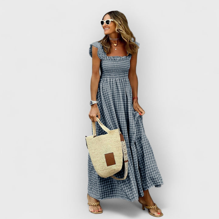 RUBY™ | PLAID RUFFLE-SLEEVE SMOCKED MAXI DRESS