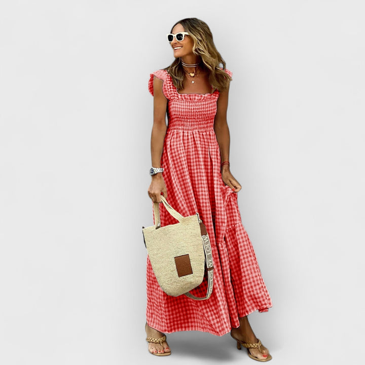 RUBY™ | PLAID RUFFLE-SLEEVE SMOCKED MAXI DRESS