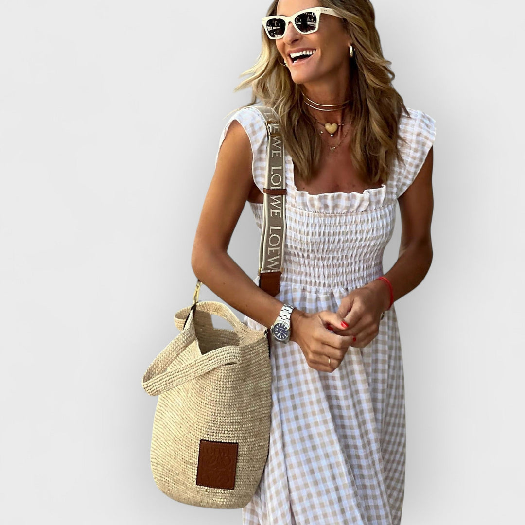 RUBY™ | PLAID RUFFLE-SLEEVE SMOCKED MAXI DRESS
