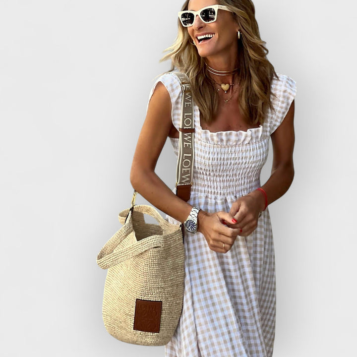 RUBY™ | PLAID RUFFLE-SLEEVE SMOCKED MAXI DRESS