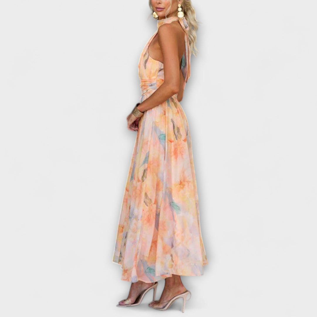AMANDA™ | HALTER-NECK WATERCOLOR PRINT MAXI DRESS