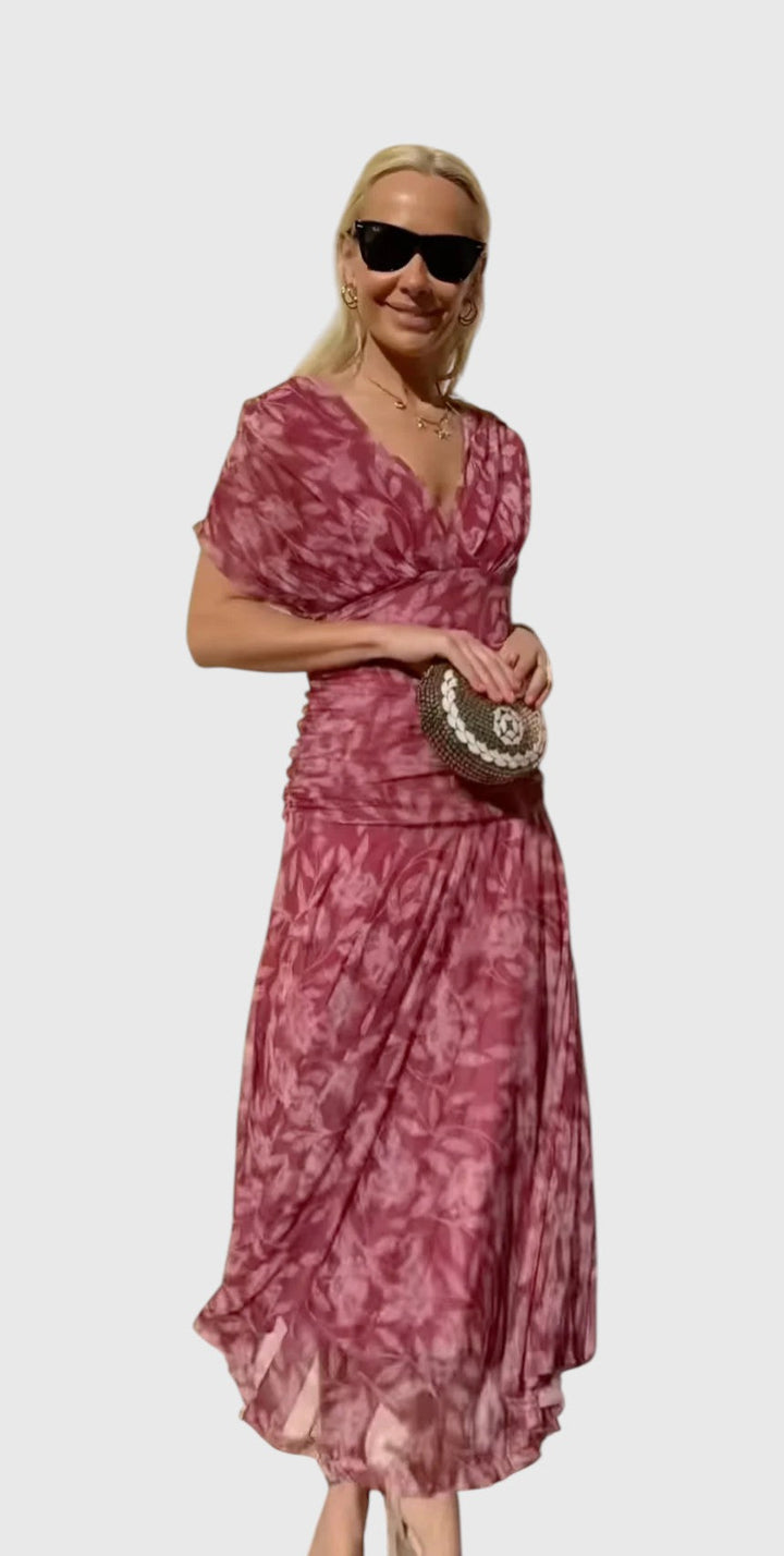 ANGELICA™ | OFF-SHOULDER V-NECK PRINTED DRESS