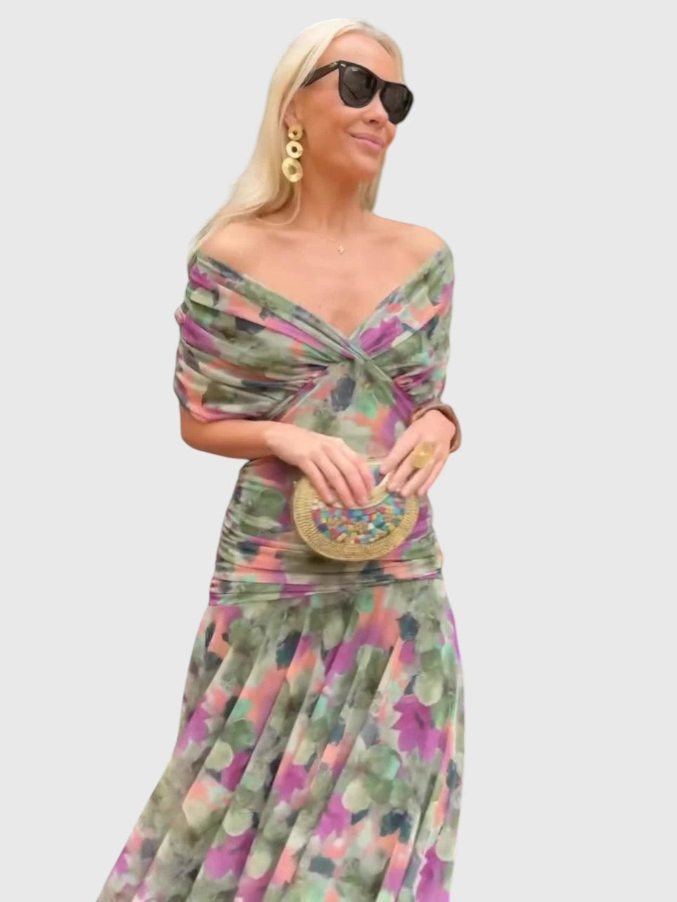 ANGELICA™ | OFF-SHOULDER V-NECK PRINTED DRESS