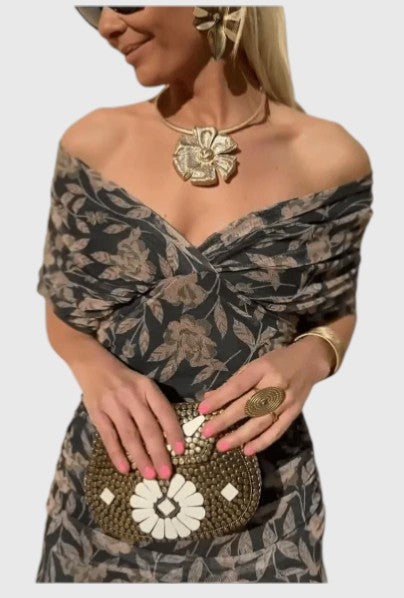 ANGELICA™ | OFF-SHOULDER V-NECK PRINTED DRESS