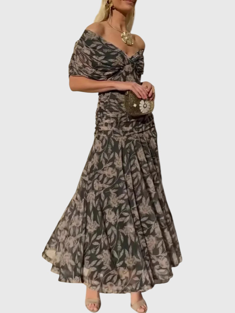 ANGELICA™ | OFF-SHOULDER V-NECK PRINTED DRESS