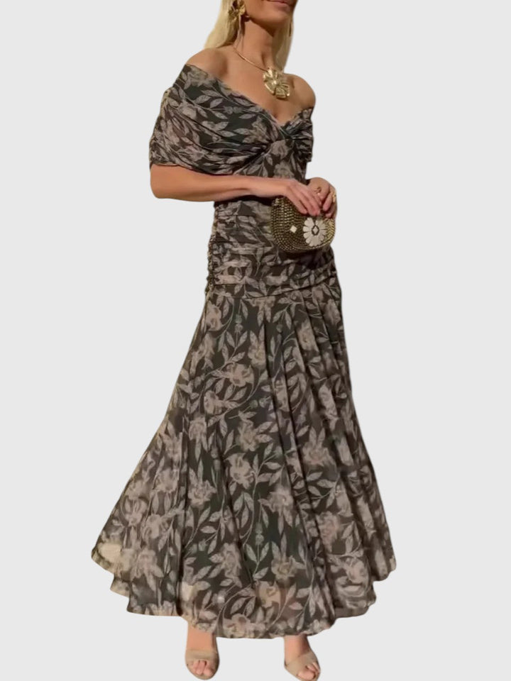 ANGELICA™ | OFF-SHOULDER V-NECK PRINTED DRESS