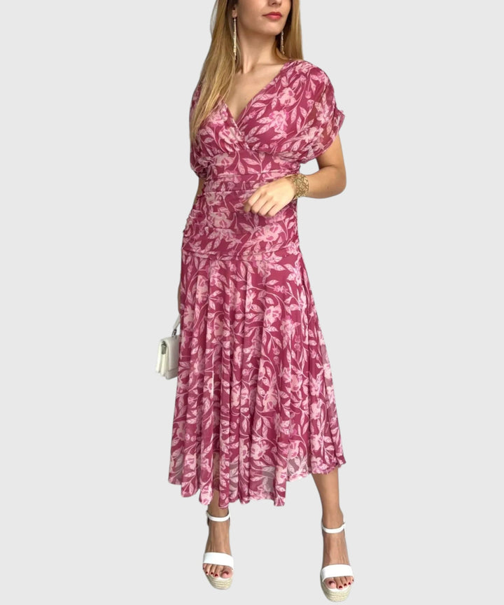 ANGELICA™ | OFF-SHOULDER V-NECK PRINTED DRESS