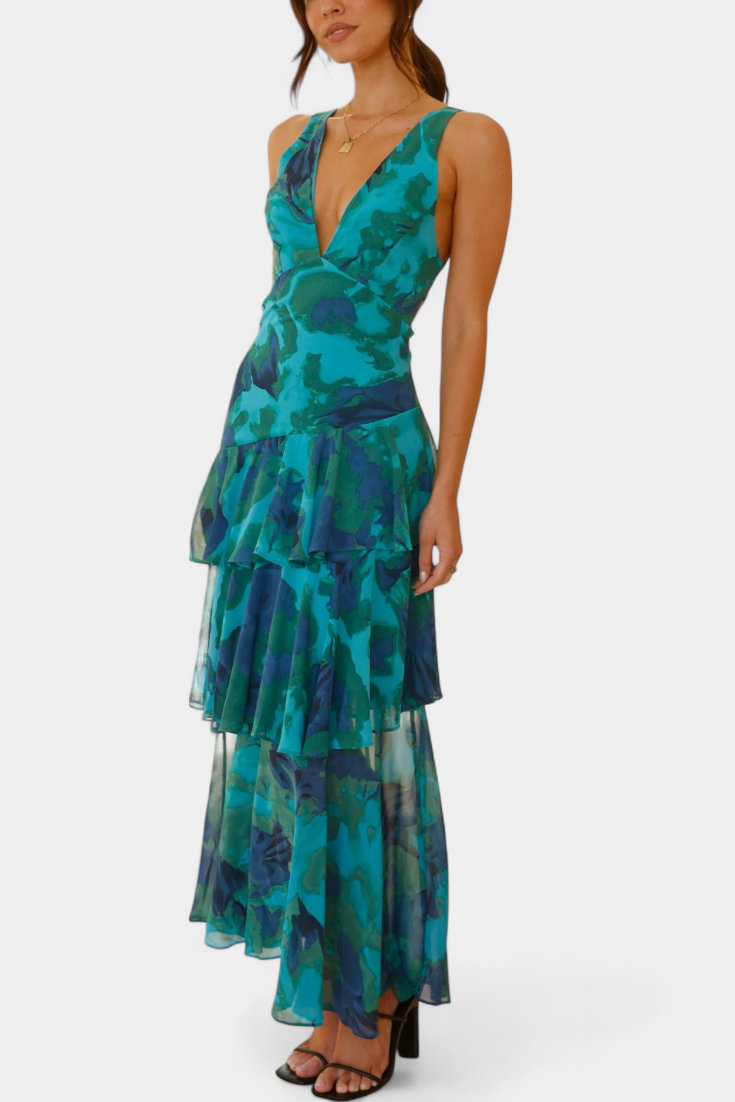 LEIGHTON™ | FLOWY LAYERED CHIFFON V-NECK MIDI DRESS