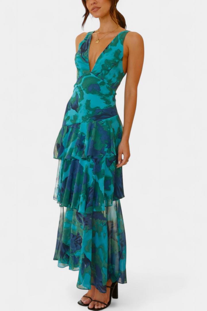 LEIGHTON™ | FLOWY LAYERED CHIFFON V-NECK MIDI DRESS