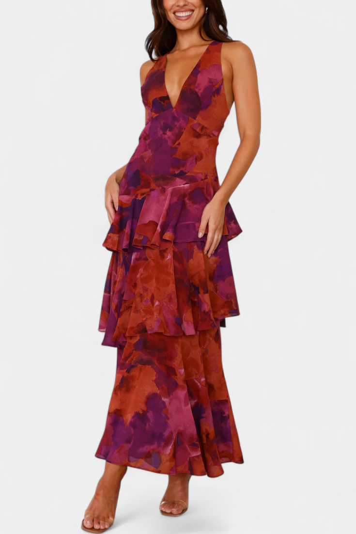 LEIGHTON™ | FLOWY LAYERED CHIFFON V-NECK MIDI DRESS