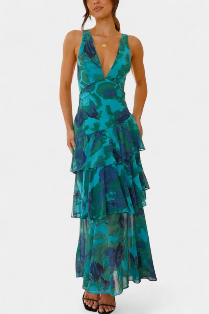 LEIGHTON™ | FLOWY LAYERED CHIFFON V-NECK MIDI DRESS