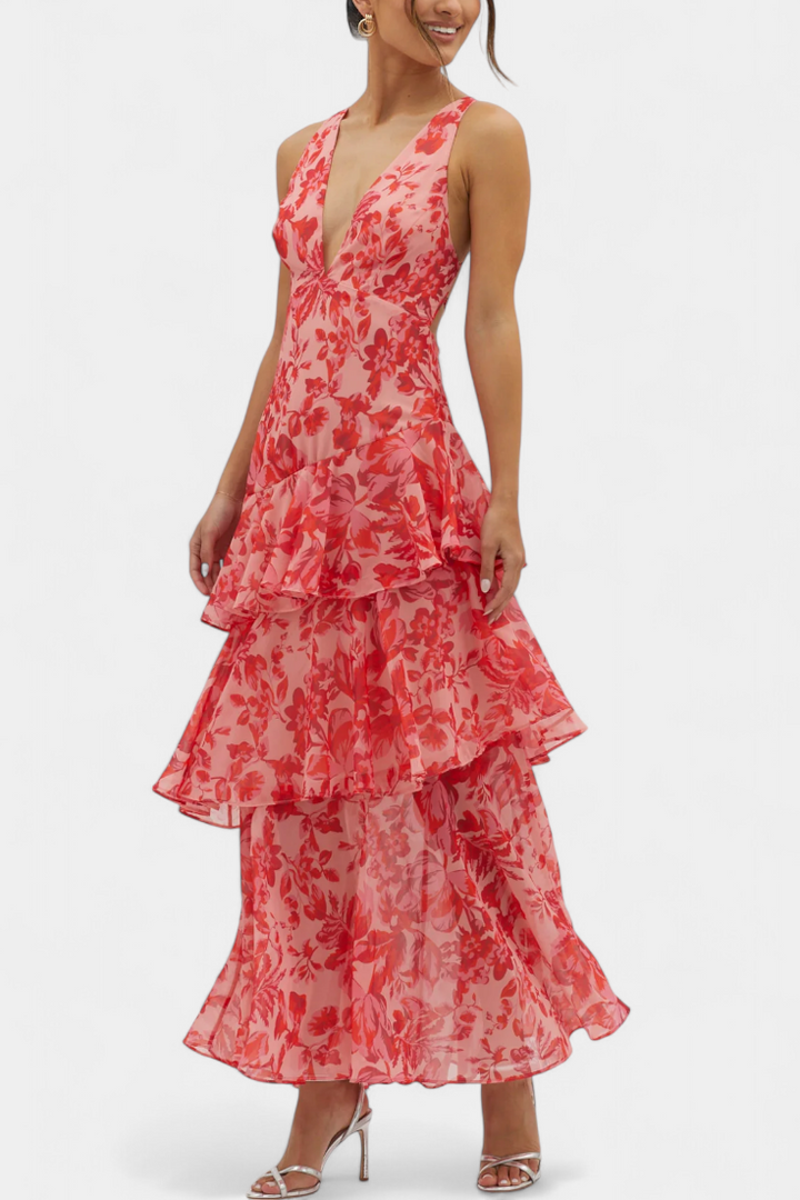LEIGHTON™ | FLOWY LAYERED CHIFFON V-NECK MIDI DRESS