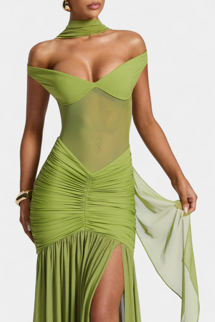 BAYLIE™ | MILK SILK RUCHED DEEP-V MAXI DRESS