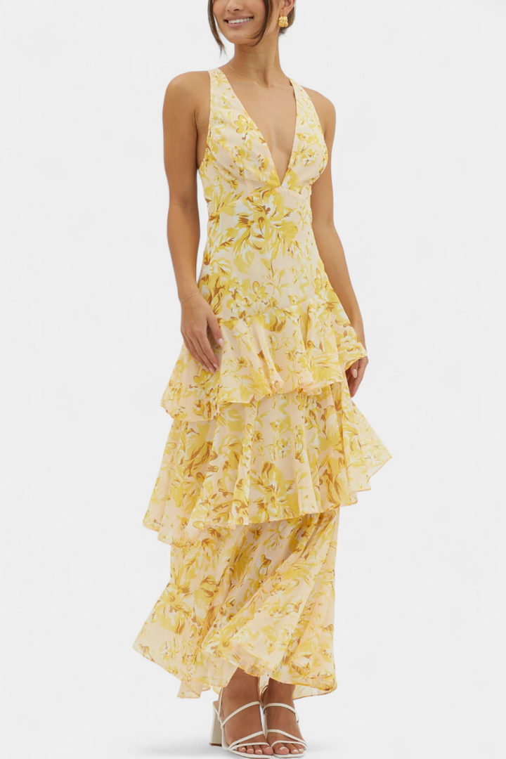 LEIGHTON™ | FLOWY LAYERED CHIFFON V-NECK MIDI DRESS