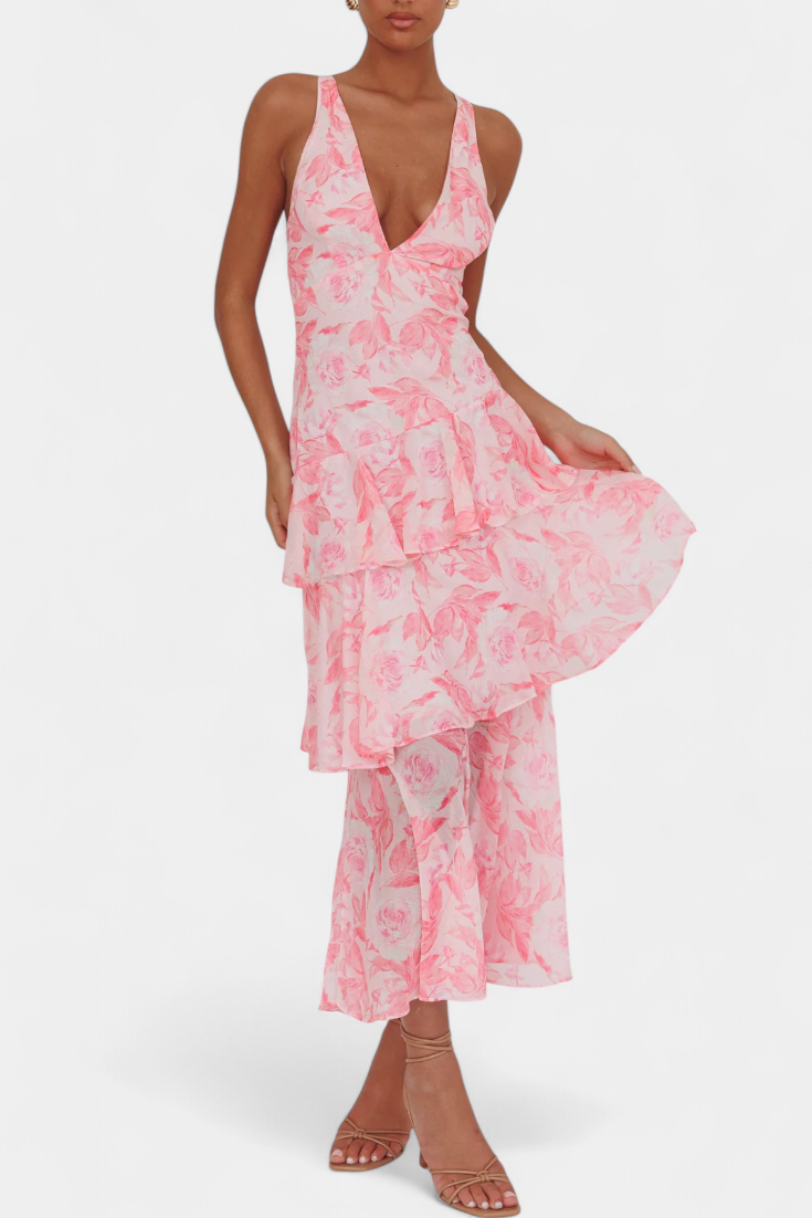 LEIGHTON™ | FLOWY LAYERED CHIFFON V-NECK MIDI DRESS