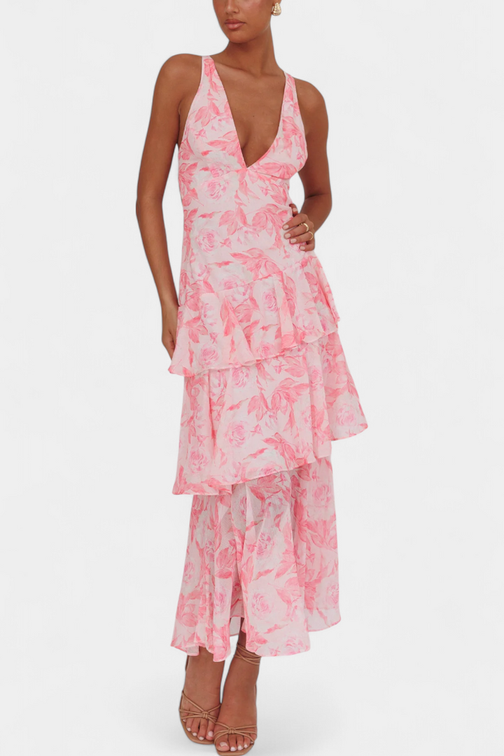 LEIGHTON™ | FLOWY LAYERED CHIFFON V-NECK MIDI DRESS