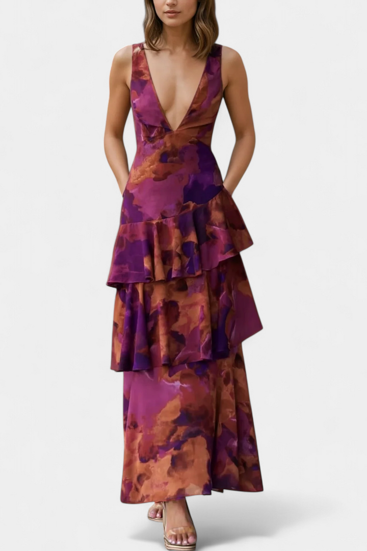 LEIGHTON™ | FLOWY LAYERED CHIFFON V-NECK MIDI DRESS
