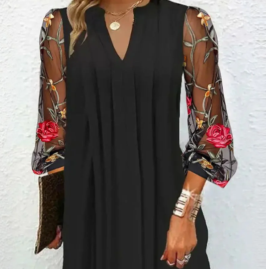 MADEL™ | ELEGANT V-NECK MINI DRESS WITH SHEER SLEEVES