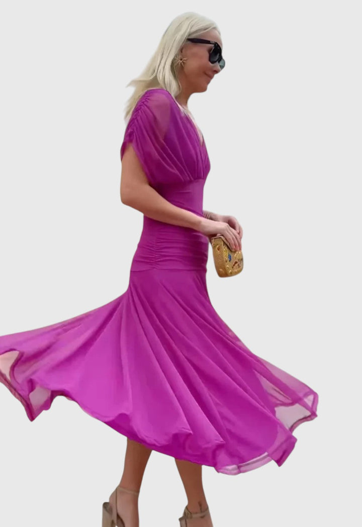 ANGELICA™ | OFF-SHOULDER V-NECK PRINTED DRESS