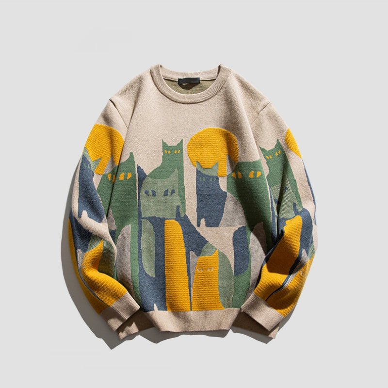 Vintage Cartoon Cat Print Sweater