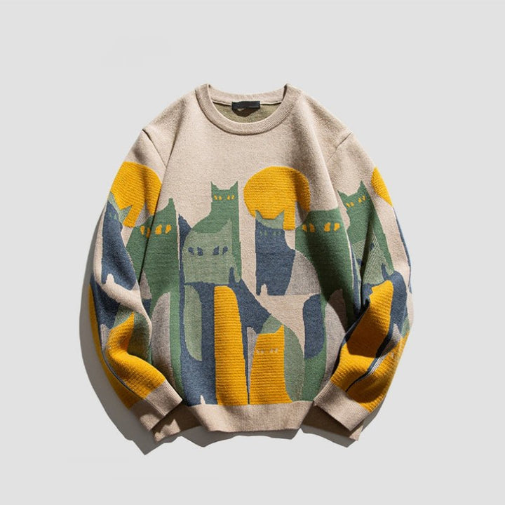 Vintage Cartoon Cat Print Sweater