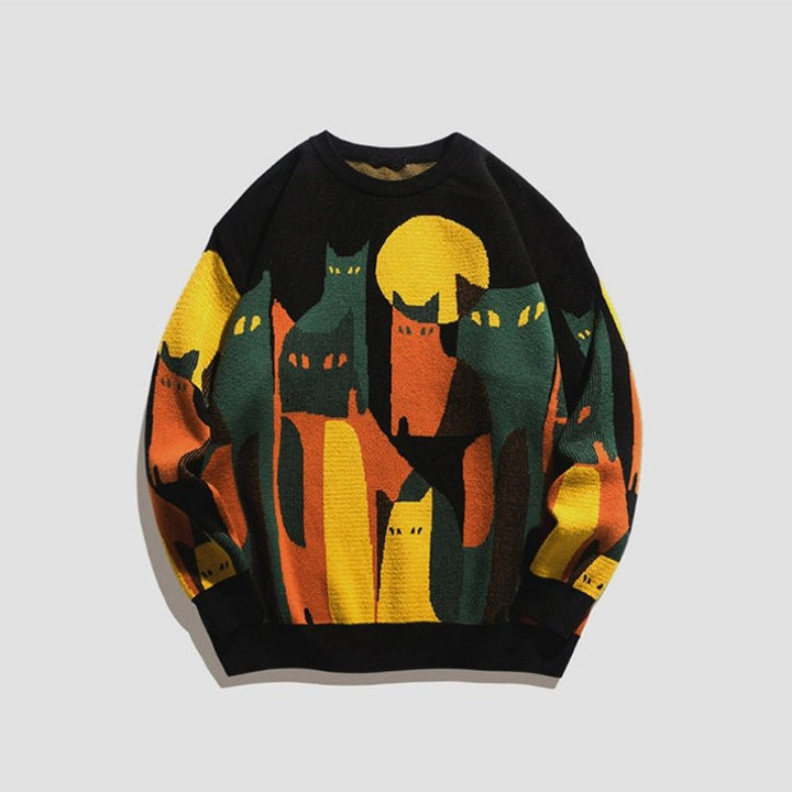 Vintage Cartoon Cat Print Sweater