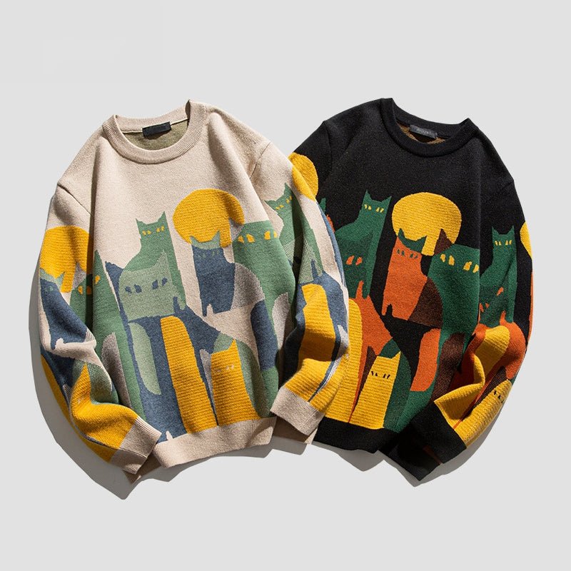 Vintage Cartoon Cat Print Sweater
